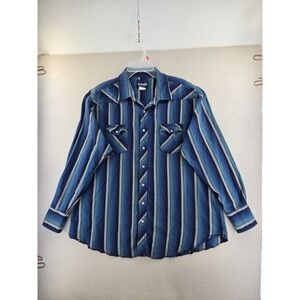Vtg Wrangler Shirt Mens 3XL Tall Blue Stripe Western Pearl Snap Brushpopper